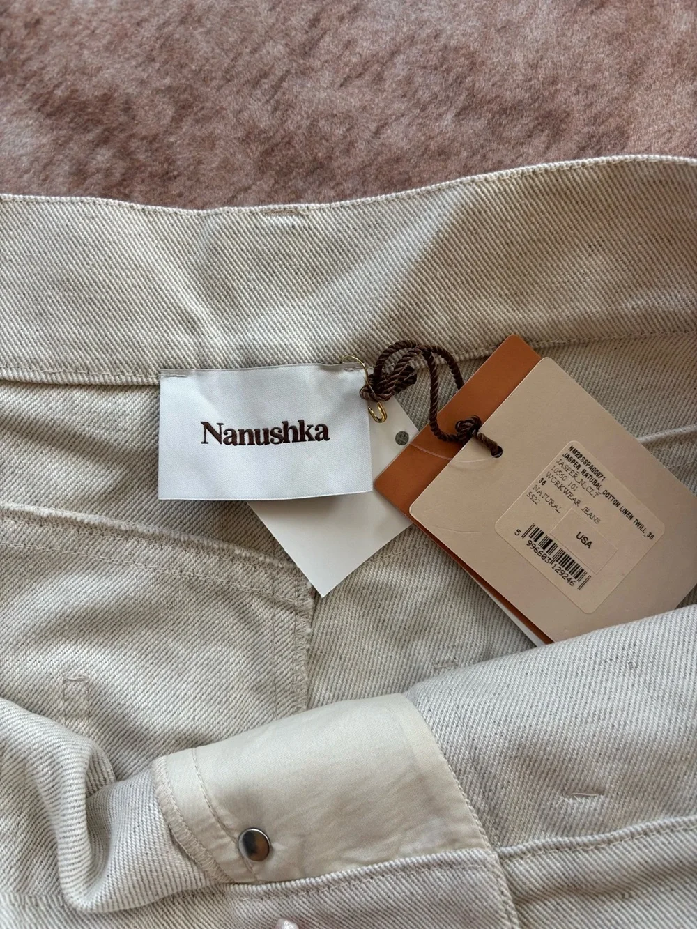 NWT Nanushka Jasper Linen Patch Pocket Cropped Jeans Beige Size 36